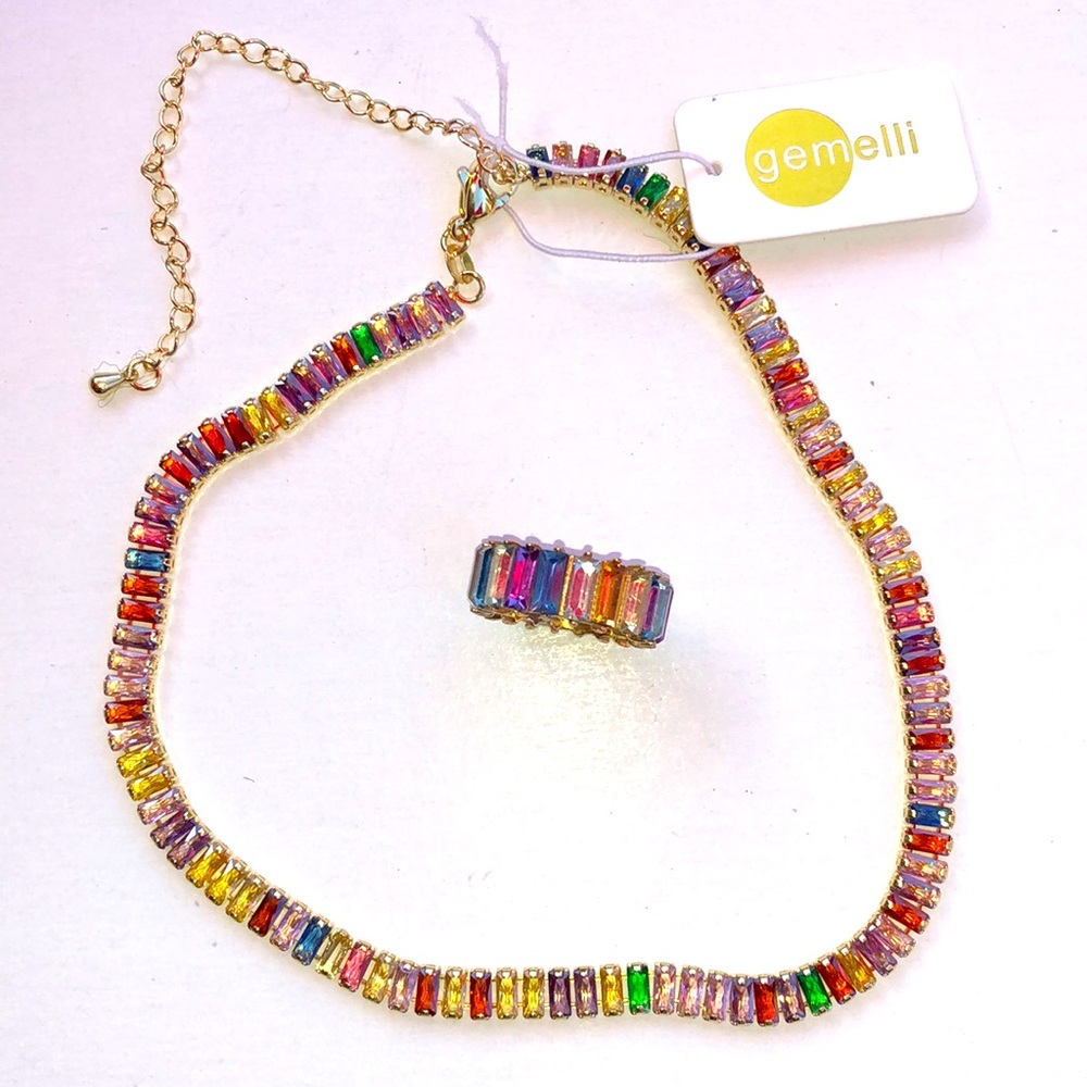 NWT gemelli Choker and matching Baublebar Multicolor Rhinestone Ring *Size 5*